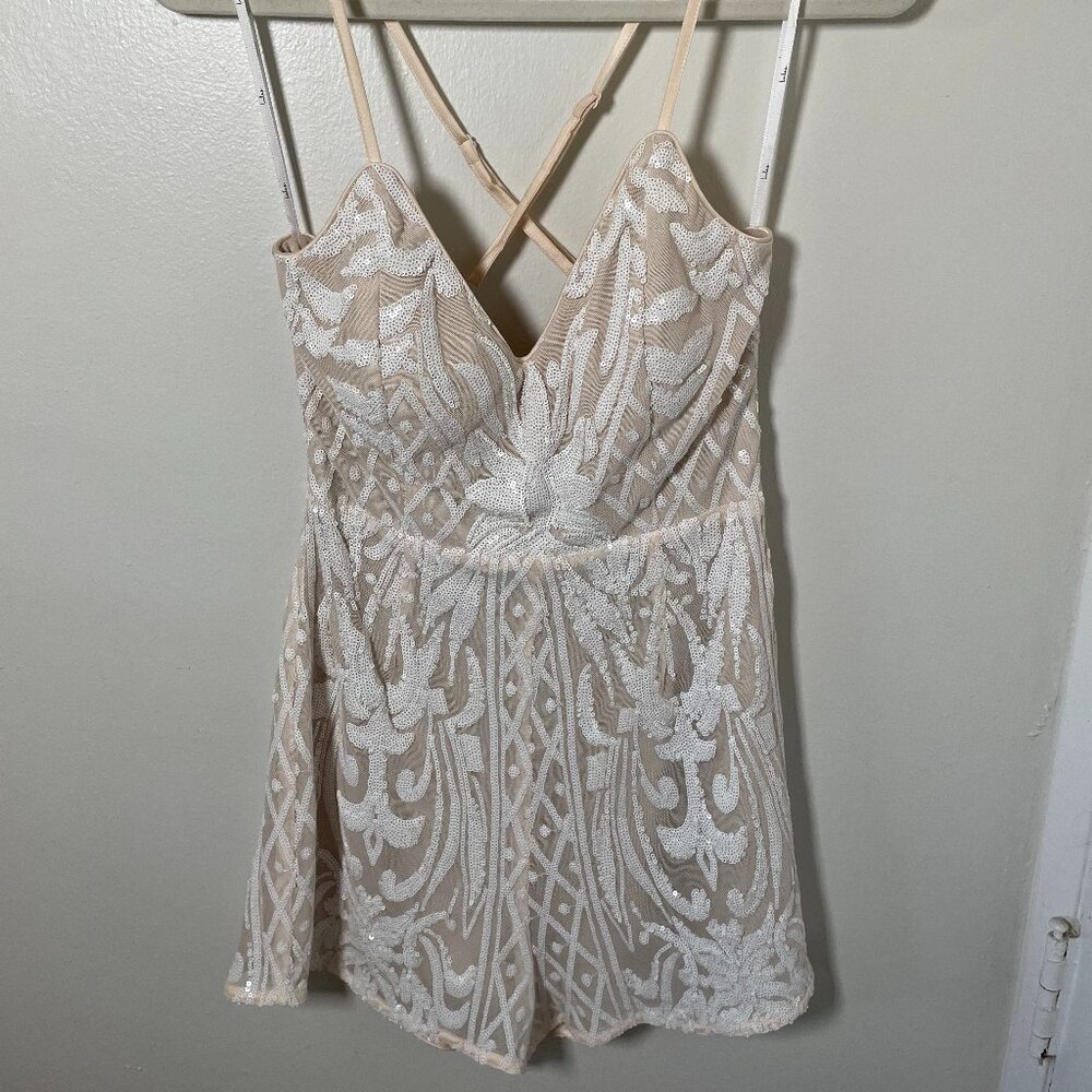 Catch a Spark White and Beige Sequin Romper - Medium, Lulus